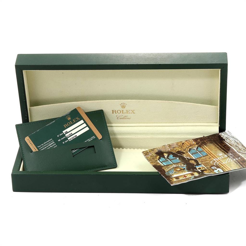 The image shows a Rolex Cellini 5115 Men's White Gold Silver Dial 5115 Men's White Gold Silver Dial watch box, warranty card, cardholder, and booklet from a top-down angle.