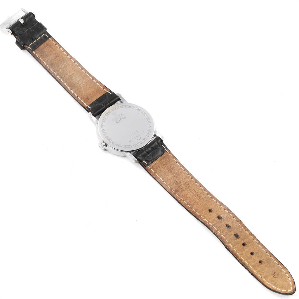 The image shows the back view of the Rolex Cellini 5115 Men's White Gold Silver Dial 5115 Men's White Gold Silver Dial model watch, displaying the case back and leather strap.