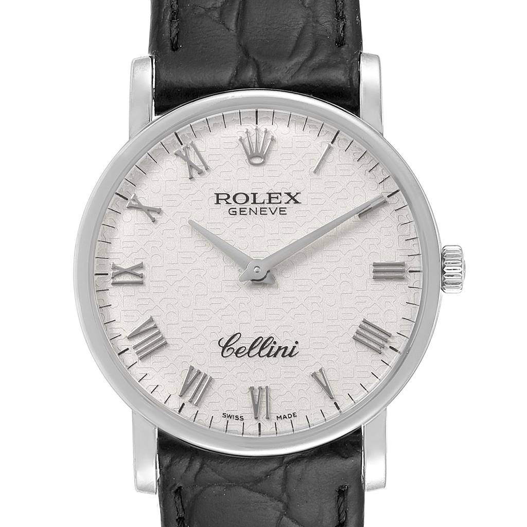 This image shows a front view of the Rolex Cellini 5115 Men's White Gold Silver Dial 5115 Men's White Gold Silver Dial watch, highlighting the dial, Roman numerals, and crown.