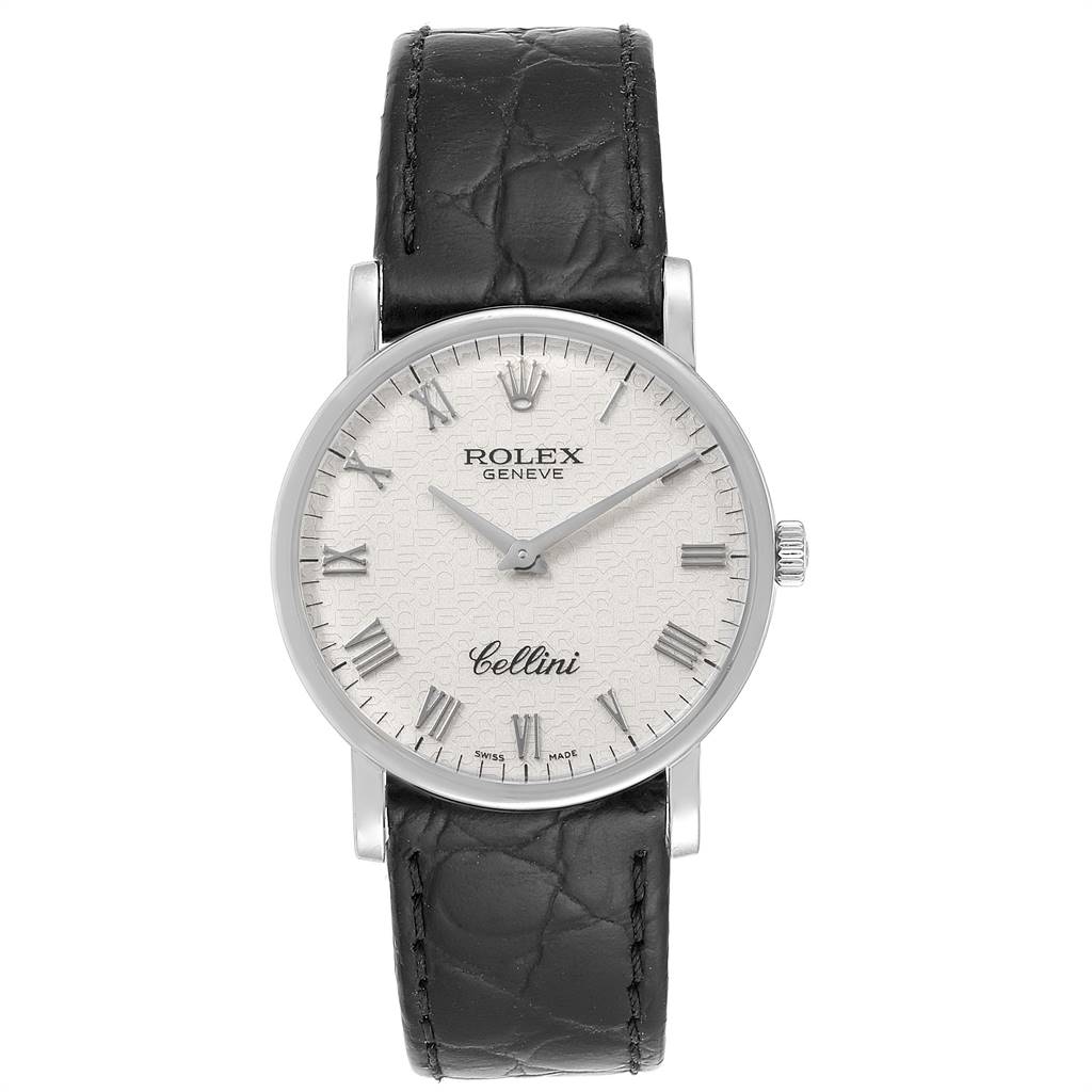 The image shows a front view of a Rolex Cellini 5115 Men's White Gold Silver Dial 5115 Men's White Gold Silver Dial watch with a black leather strap and a white dial featuring Roman numerals.