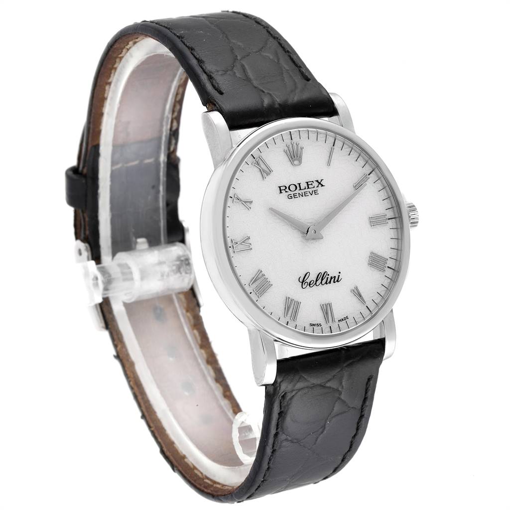 The image shows a Rolex Cellini 5115 Men's White Gold Silver Dial 5115 Men's White Gold Silver Dial watch from a three-quarter angle, displaying the face, case, and leather strap.