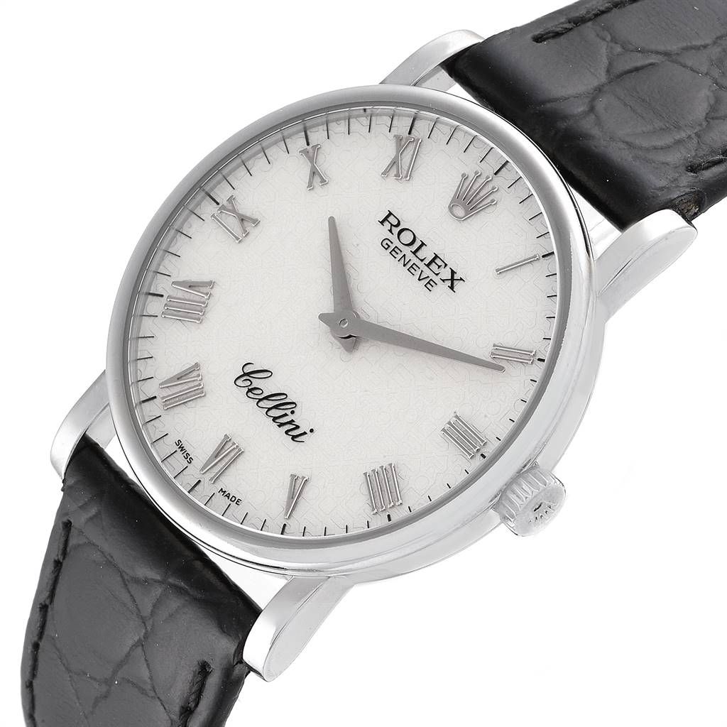 The image shows a Rolex Cellini 5115 Men's White Gold Silver Dial 5115 Men's White Gold Silver Dial watch at a slight angle, highlighting the face, Roman numerals, and part of the black leather strap.