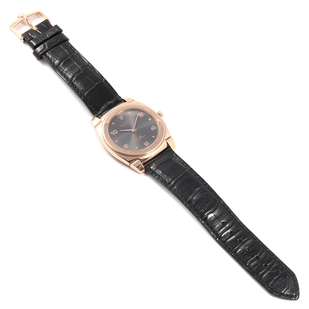 The image shows a full frontal view of a Rolex Cellini 5330 Men's Rose Gold Grey Dial 5330 Men's Rose Gold Grey Dial watch with a black leather strap and a rose gold case.