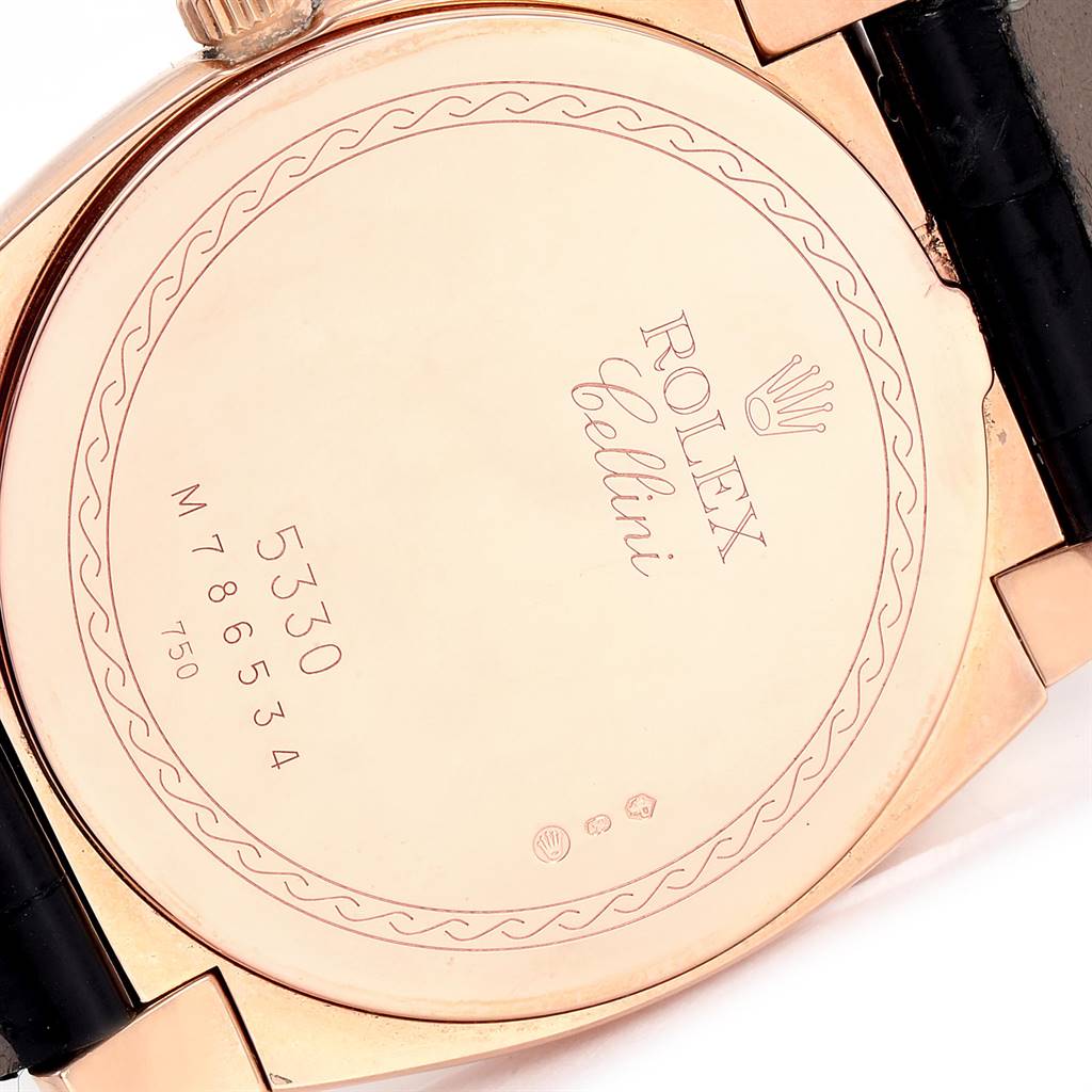 The image shows the case back of a Rolex Cellini 5330 Men's Rose Gold Grey Dial 5330 Men's Rose Gold Grey Dial watch with engraved details, including the model number.