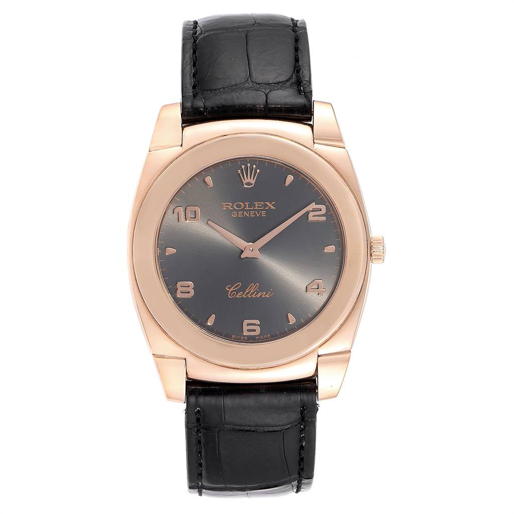The image shows a front view of a Rolex Cellini 5330 Men's Rose Gold Grey Dial 5330 Men's Rose Gold Grey Dial watch, displaying the face, hands, case, and part of the strap.