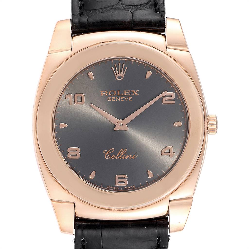 This image shows a head-on view of a Rolex Cellini 5330 Men's Rose Gold Grey Dial 5330 Men's Rose Gold Grey Dial watch, highlighting its face, case, hands, and crown.