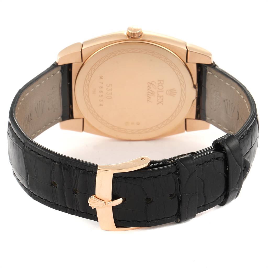 The image shows the back and strap of a Rolex Cellini 5330 Men's Rose Gold Grey Dial 5330 Men's Rose Gold Grey Dial watch, highlighting its case back and clasp.