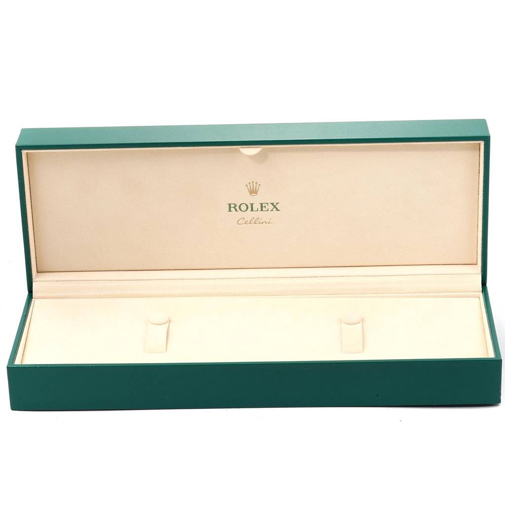 The image shows an open green Rolex Cellini 5330 Men's Rose Gold Grey Dial 5330 Men's Rose Gold Grey Dial watch box with cream interior and Rolex branding on the inside lid.