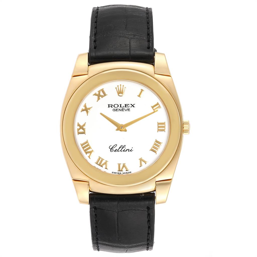 This Rolex Cellini 5330 Men's Yellow Gold White Dial 5330 Men's Yellow Gold White Dial watch is shown from a front angle, displaying the watch face, gold casing, and black leather strap.