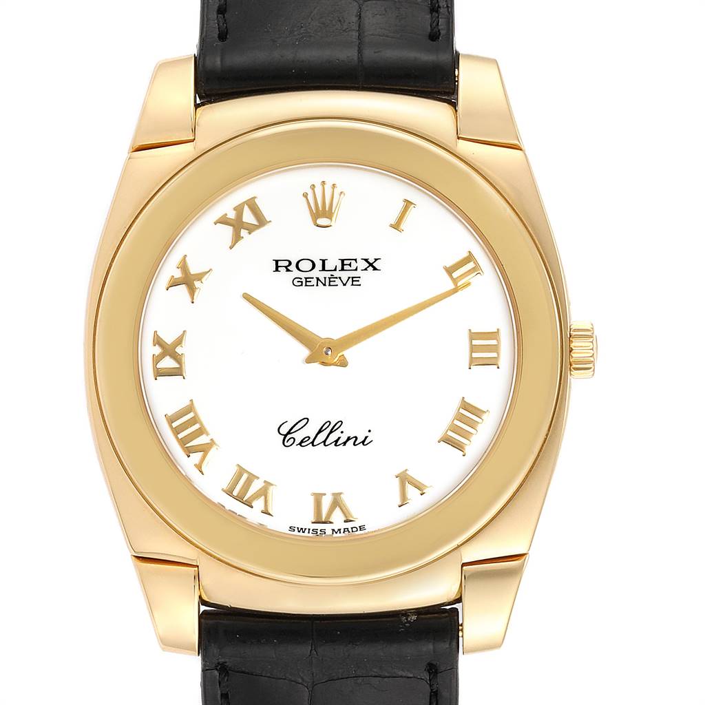 The image shows a frontal view of a Rolex Cellini 5330 Men's Yellow Gold White Dial 5330 Men's Yellow Gold White Dial watch, displaying its gold case, white dial, Roman numerals, and black leather strap.