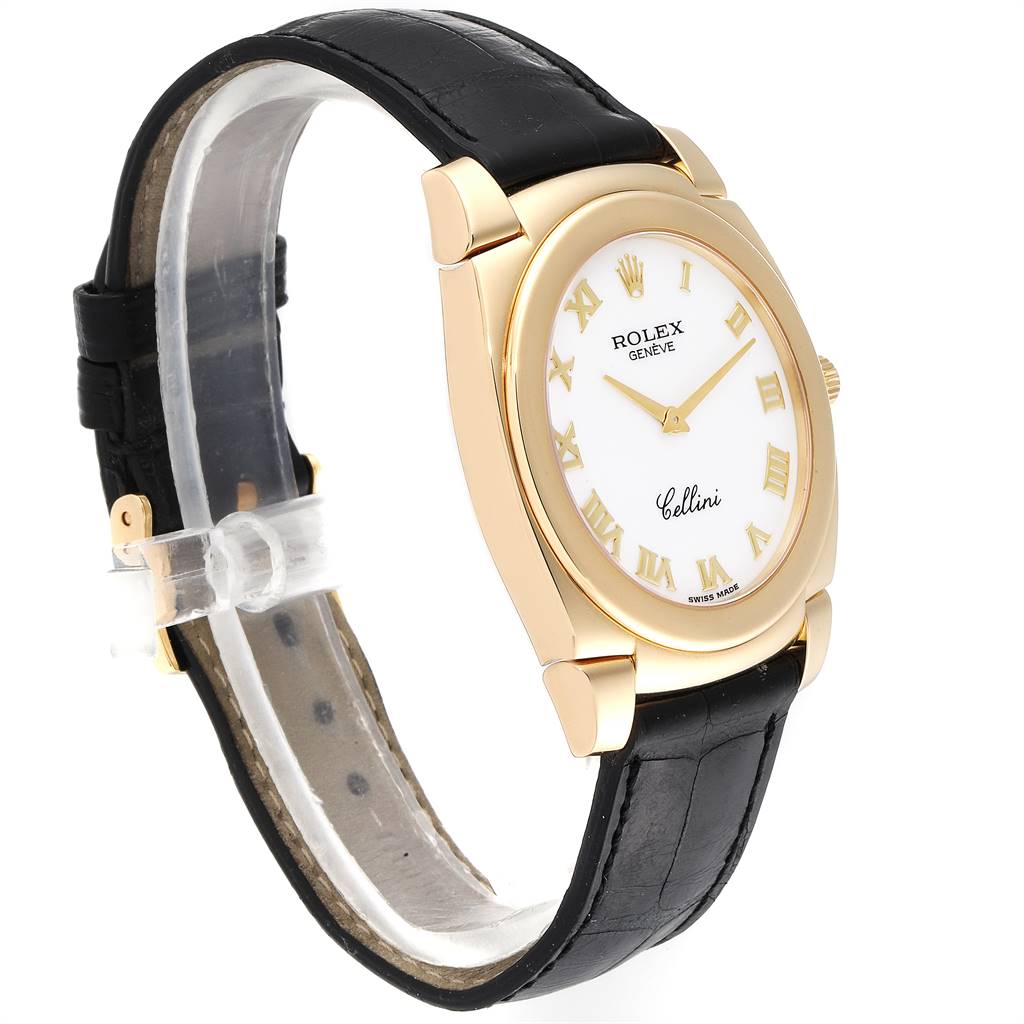 The Rolex Cellini 5330 Men's Yellow Gold White Dial 5330 Men's Yellow Gold White Dial watch is displayed at an angle showing the face, leather strap, and part of the side.