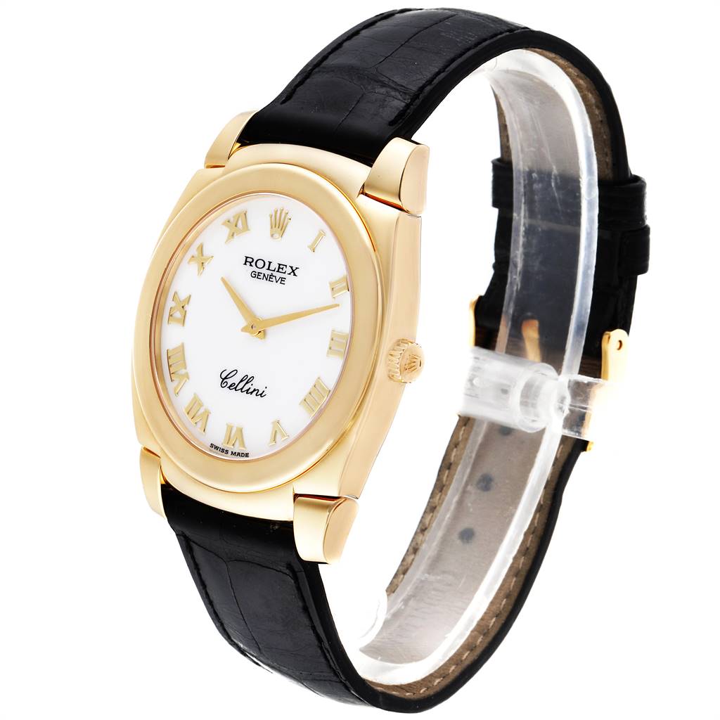 This image shows a gold Rolex Cellini 5330 Men's Yellow Gold White Dial 5330 Men's Yellow Gold White Dial watch with a black leather strap, photographed from an angled front view.