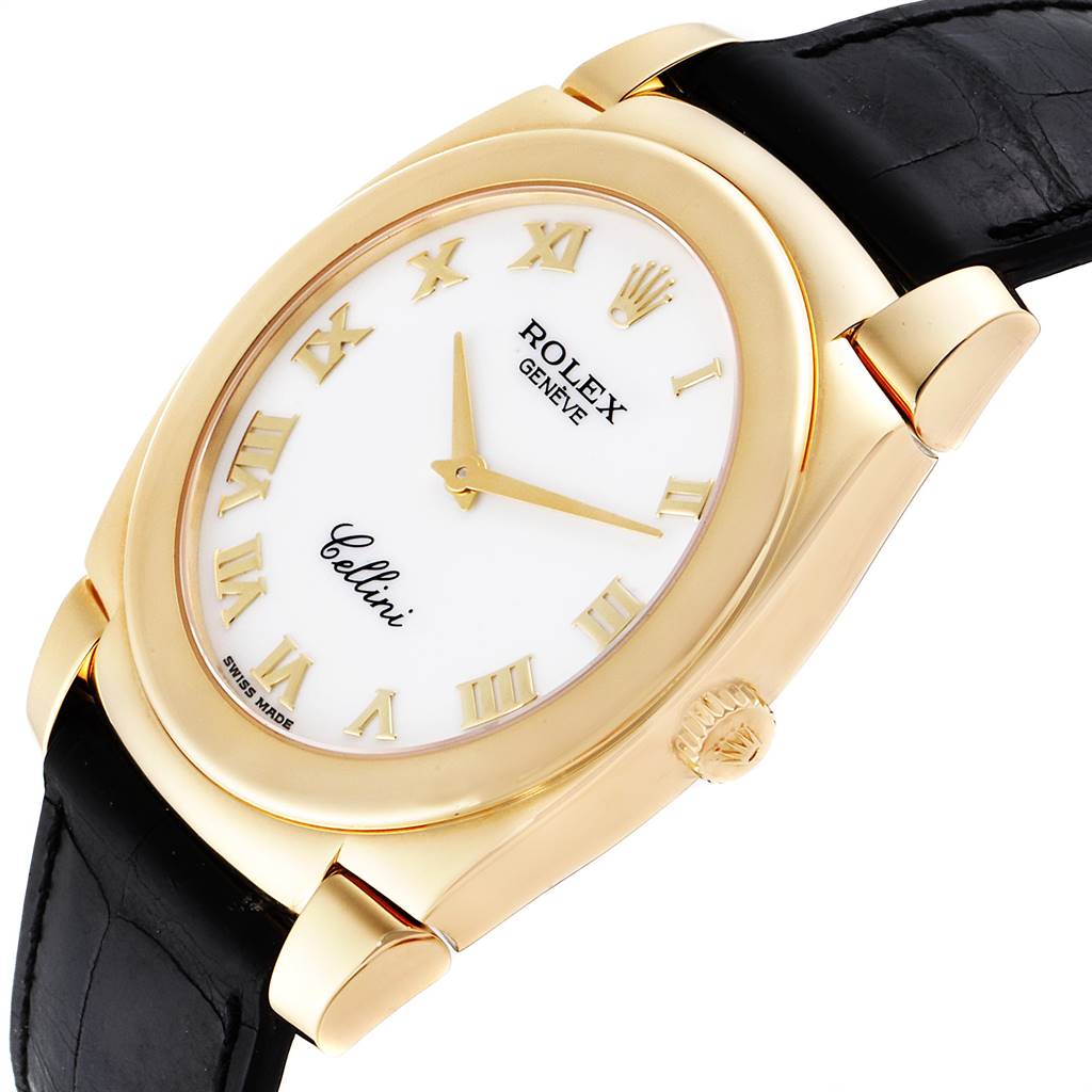 This image shows a Rolex Cellini 5330 Men's Yellow Gold White Dial 5330 Men's Yellow Gold White Dial watch at an angle, displaying the face, crown, bezel, and part of the leather strap.
