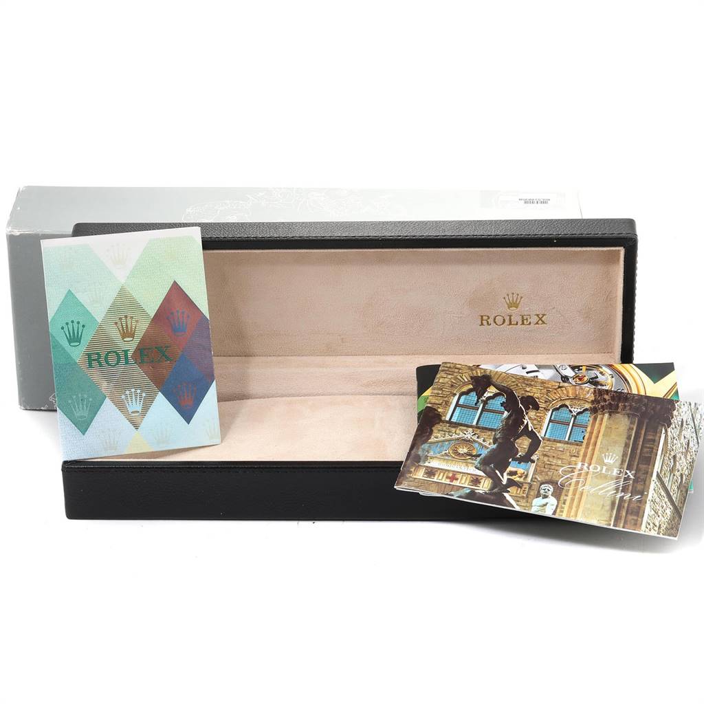 This image shows the opened box and packaging materials for a Rolex Cellini 5330 Men's Yellow Gold White Dial 5330 Men's Yellow Gold White Dial watch.