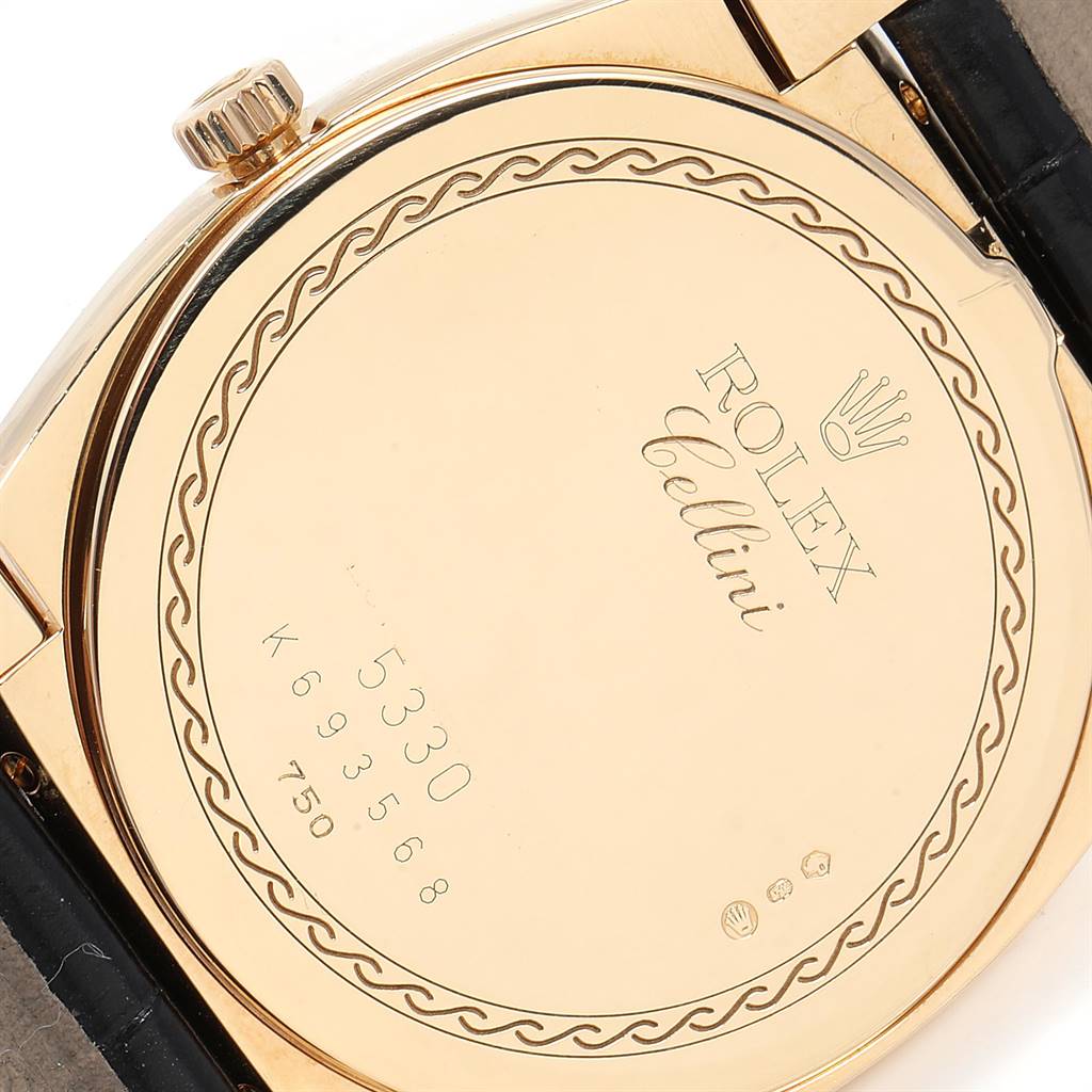 The image shows the back case and crown of a Rolex Cellini 5330 Men's Yellow Gold White Dial 5330 Men's Yellow Gold White Dial watch.