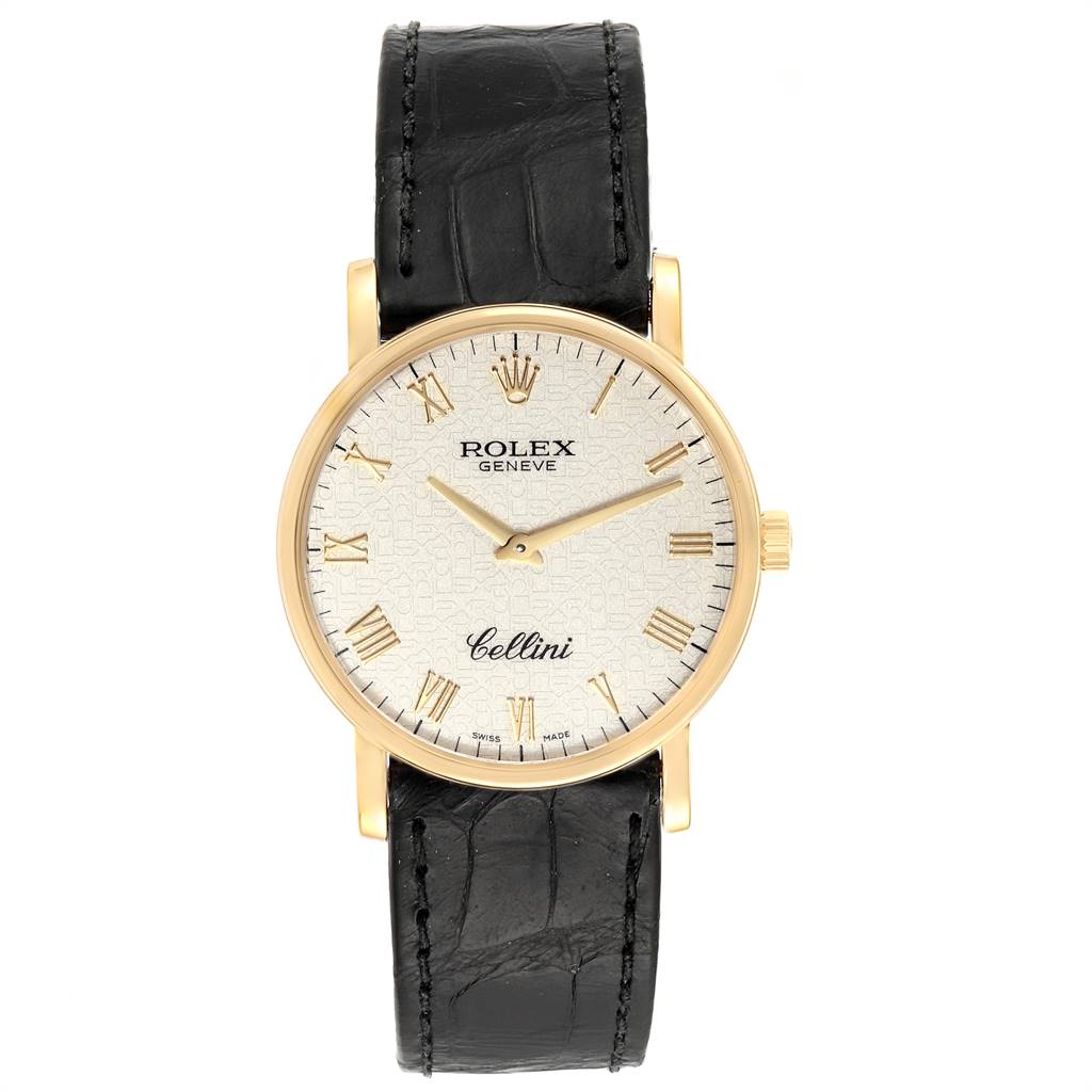 The image shows a front view of the Rolex Cellini 5115 Men's Yellow Gold Beige Dial 5115 Men's Yellow Gold Beige Dial watch with a gold case, white dial, and black leather strap.