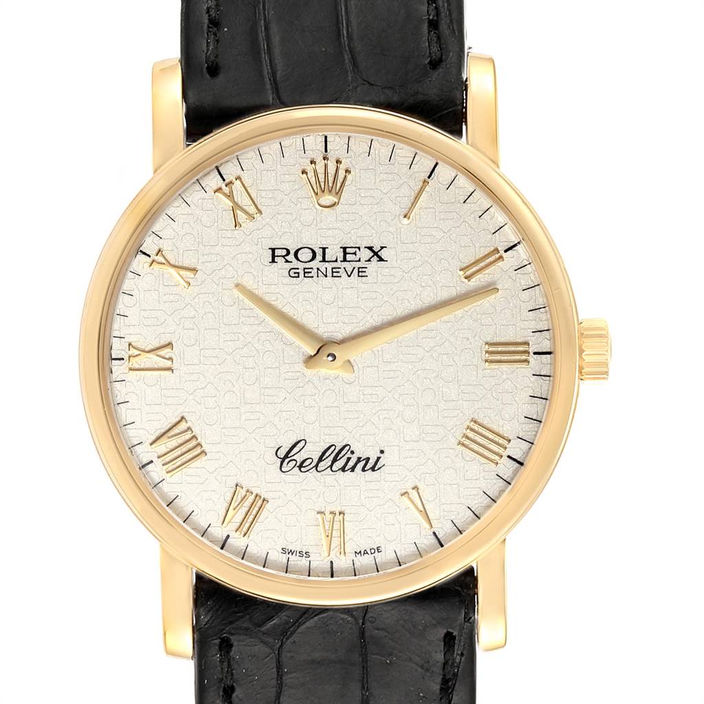 This image shows the front view of a Rolex Cellini 5115 Men's Yellow Gold Beige Dial 5115 Men's Yellow Gold Beige Dial watch, highlighting the dial, hands, case, and leather strap.