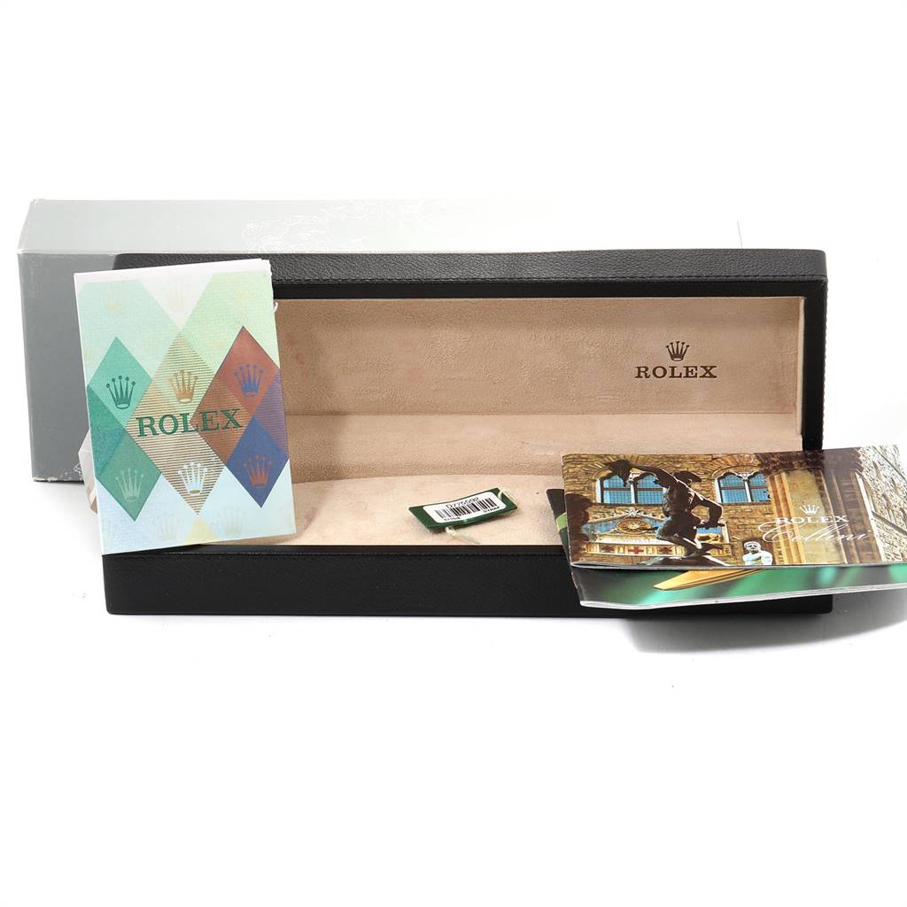 The image shows an open Rolex Cellini 5115 Men's Yellow Gold Beige Dial 5115 Men's Yellow Gold Beige Dial watch box with brochures and tags inside.