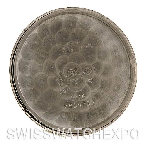 This image shows the back case of a Rolex Cellini 5116/9 White Gold Grey Dial 5116/9 White Gold Grey Dial watch, displaying its inner engravings and hallmarks.