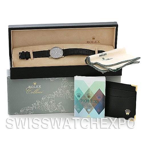 The image shows a Rolex Cellini 5116/9 White Gold Grey Dial 5116/9 White Gold Grey Dial watch with its box, warranty cardholder, booklet, and polishing cloth.