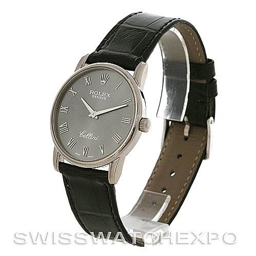 This image shows a Rolex Cellini 5116/9 White Gold Grey Dial 5116/9 White Gold Grey Dial watch at a three-quarter angle, highlighting the face, strap, and clasp.