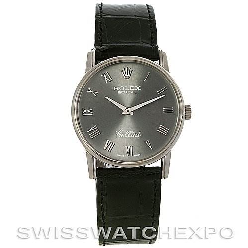The image shows a front view of a Rolex Cellini 5116/9 White Gold Grey Dial 5116/9 White Gold Grey Dial watch, displaying its dial, hands, Roman numeral markers, and black leather strap.