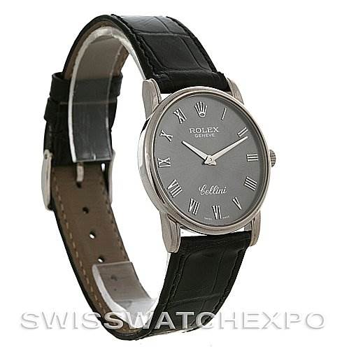 This image shows a side-angle view of a Rolex Cellini 5116/9 White Gold Grey Dial 5116/9 White Gold Grey Dial watch, highlighting the face, crown, case, and leather strap.