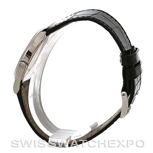 This side view of the Rolex Cellini 5116/9 White Gold Grey Dial 5116/9 White Gold Grey Dial watch showcases its case, crown, and black leather strap.