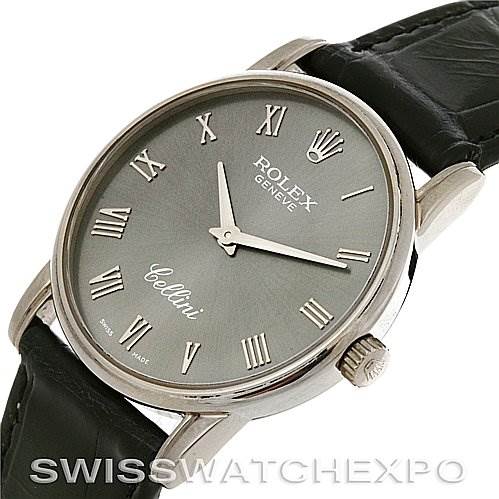 The image shows a Rolex Cellini 5116/9 White Gold Grey Dial 5116/9 White Gold Grey Dial watch at a front angle, highlighting the dial, crown, and part of the leather strap.