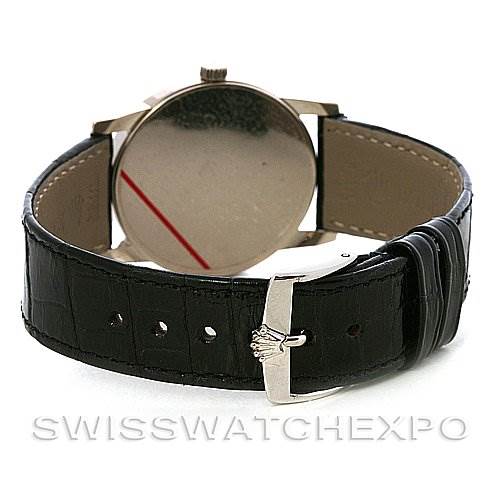 The image shows the back view of a Rolex Cellini 5116/9 White Gold Grey Dial 5116/9 White Gold Grey Dial watch, displaying the leather strap and the crown buckle.