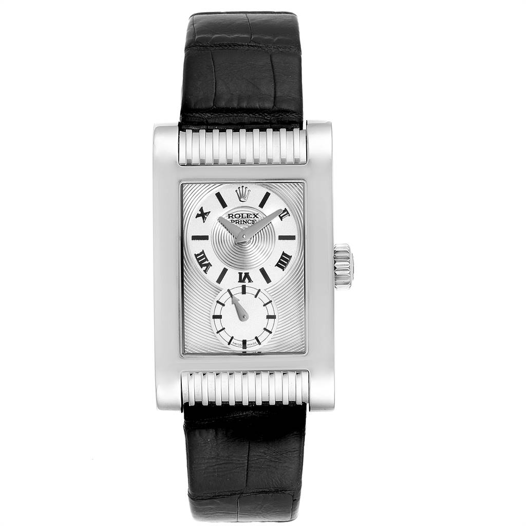The image shows a front view of a Rolex Cellini 5441 Men's White Gold Silver Dial 5441 Men's White Gold Silver Dial watch with a rectangular dial and black leather strap.