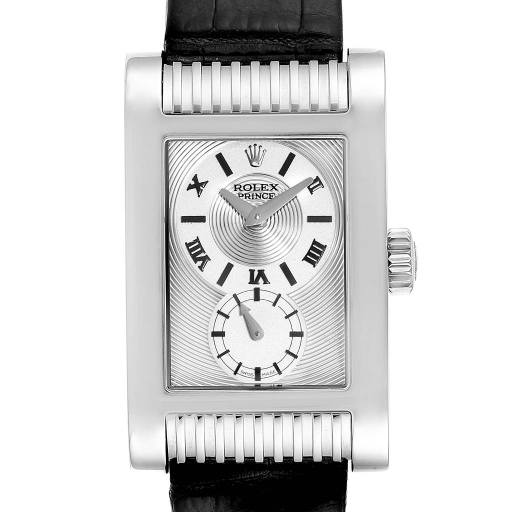 The image shows a front view of a Rolex Cellini 5441 Men's White Gold Silver Dial 5441 Men's White Gold Silver Dial watch, highlighting its rectangular face, Roman numerals, and black leather strap.