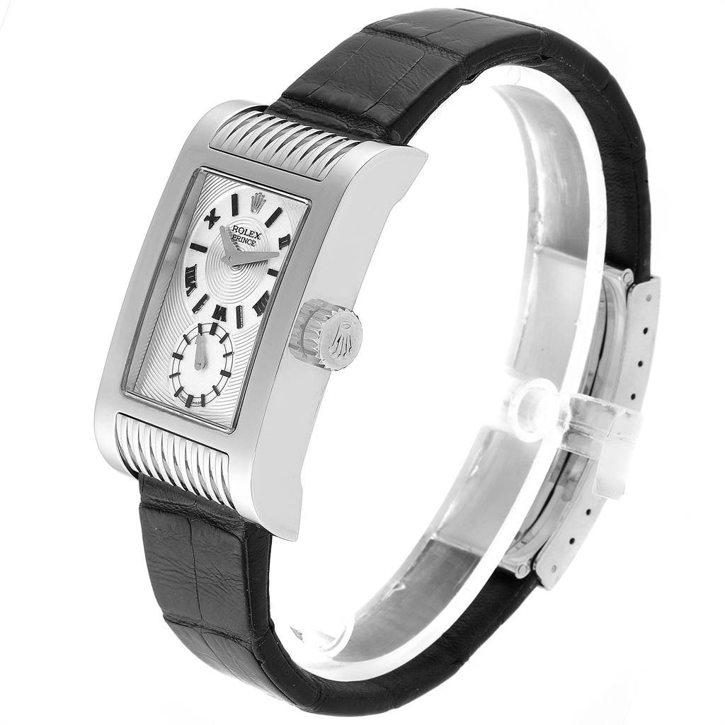 The image shows a side angle of a Rolex Cellini 5441 Men's White Gold Silver Dial 5441 Men's White Gold Silver Dial watch, highlighting the dial, crown, and black leather strap.