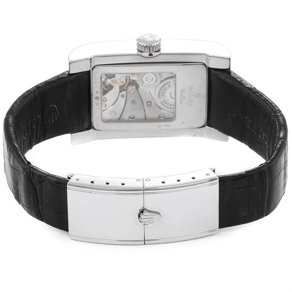 The image shows the back view of a Rolex Cellini 5441 Men's White Gold Silver Dial 5441 Men's White Gold Silver Dial watch, highlighting its clasp, leather strap, and movement through a transparent case back.