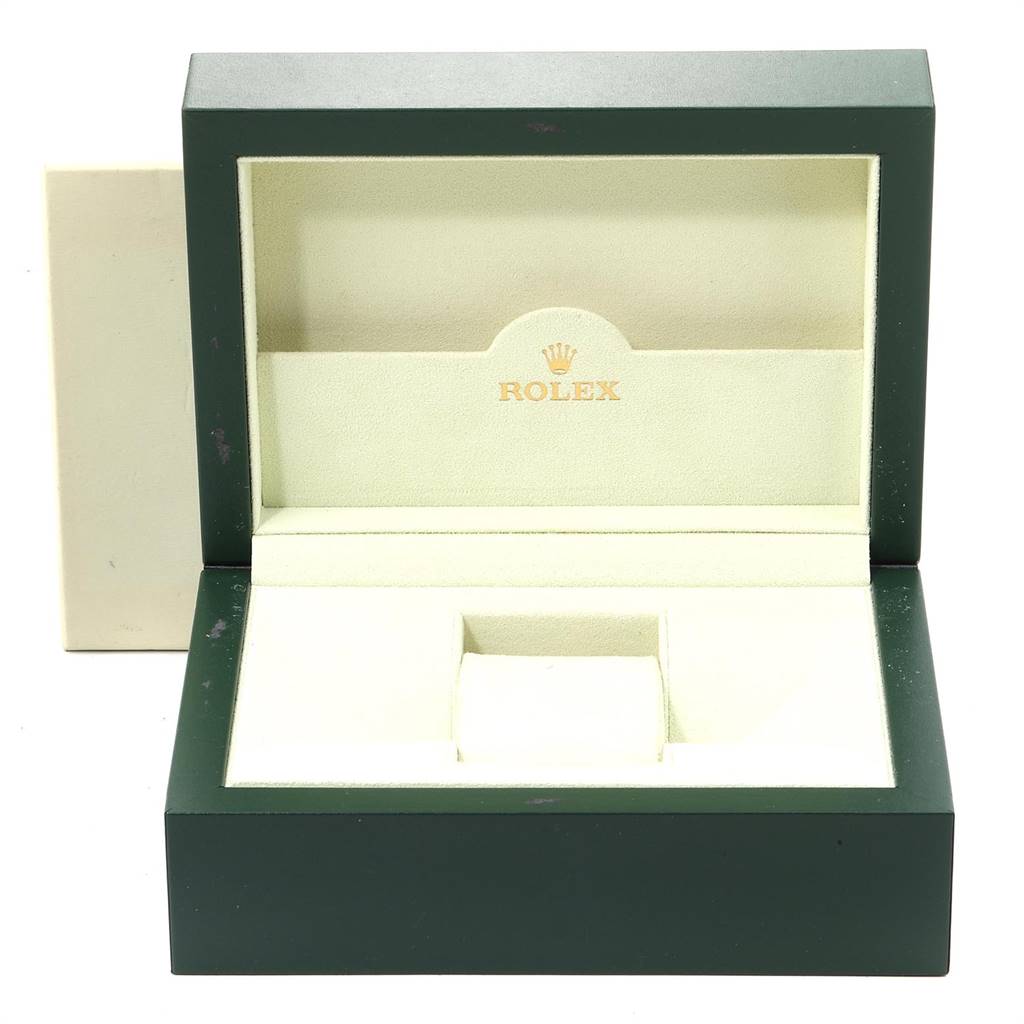 The image shows an open Rolex Cellini 5441 Men's White Gold Silver Dial 5441 Men's White Gold Silver Dial watch box from the front angle, displaying the interior compartments.