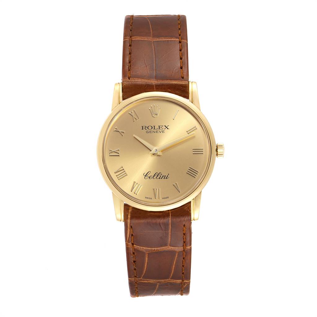 The image shows a front view of a Rolex Cellini 5116 Men's Yellow Gold Champagne Dial 5116 Men's Yellow Gold Champagne Dial watch, highlighting its gold dial, brown leather strap, and Roman numeral markers.