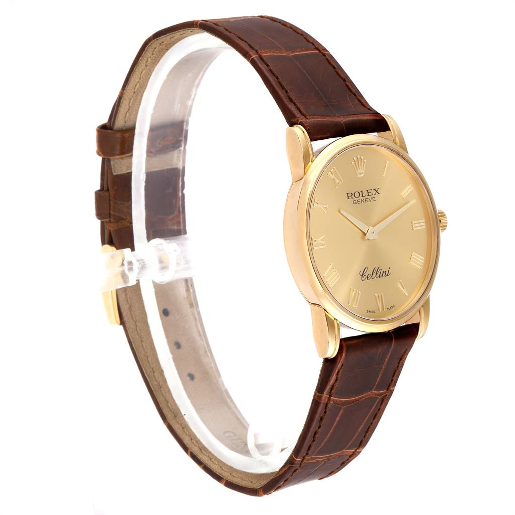 The image shows a Rolex Cellini 5116 Men's Yellow Gold Champagne Dial 5116 Men's Yellow Gold Champagne Dial watch at a slight angle, highlighting its gold dial, brown leather strap, and Roman numeral indices.