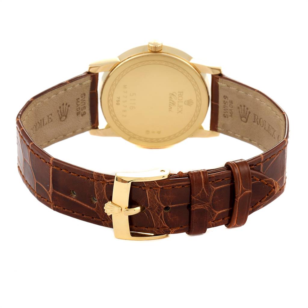 Rolex Cellini Classic 18k Yellow Gold Roman Dial Brown Strap Watch 5116 ...