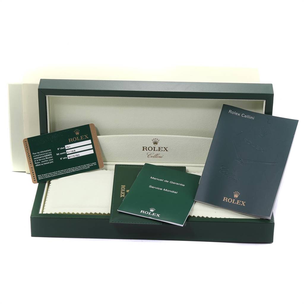 The image shows a Rolex Cellini 5116 Men's Yellow Gold Champagne Dial 5116 Men's Yellow Gold Champagne Dial watch box, warranty card, and manuals from a top-front angle.