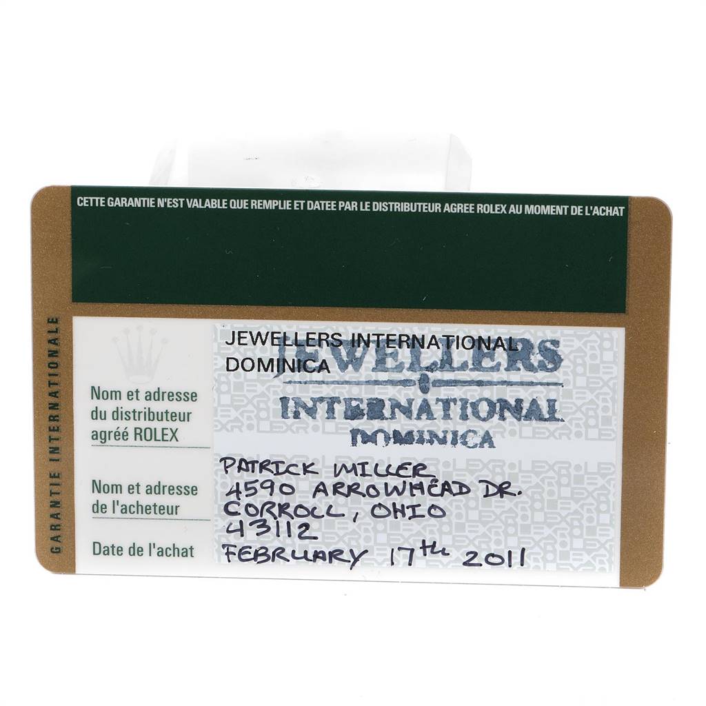 The image shows a warranty card for a Rolex Cellini 5116 Men's Yellow Gold Champagne Dial 5116 Men's Yellow Gold Champagne Dial model watch, displaying purchase details.