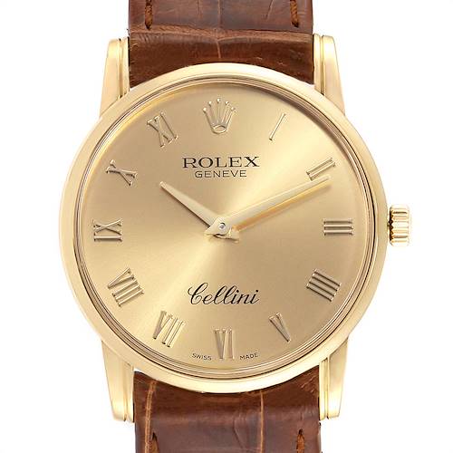 Photo of Rolex Cellini Classic 18k Yellow Gold Roman Dial Brown Strap Watch 5116