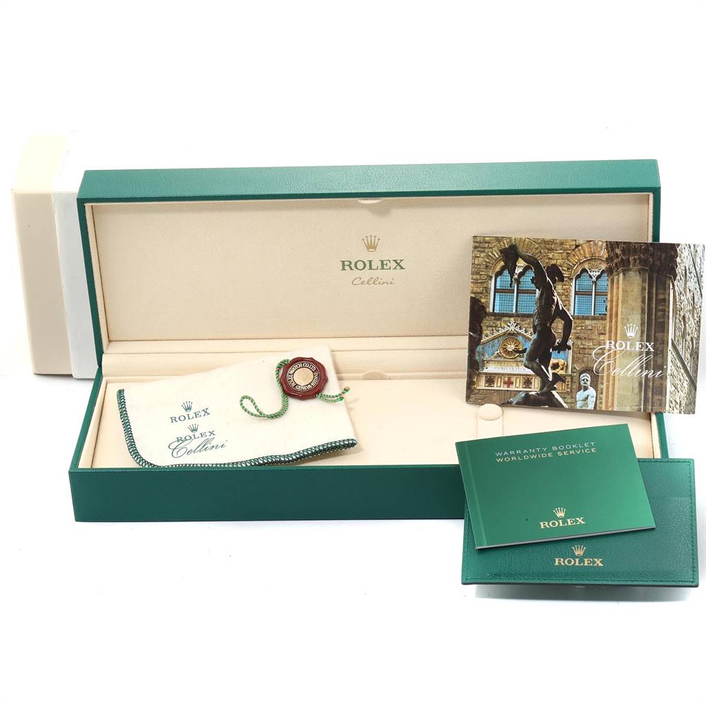 The image shows the packaging, manuals, and accessories of a Rolex Cellini 50525 Men's Rose Gold Black Dial 50525 Men's Rose Gold Black Dial watch, including a green box, warranty booklet, and cloth.