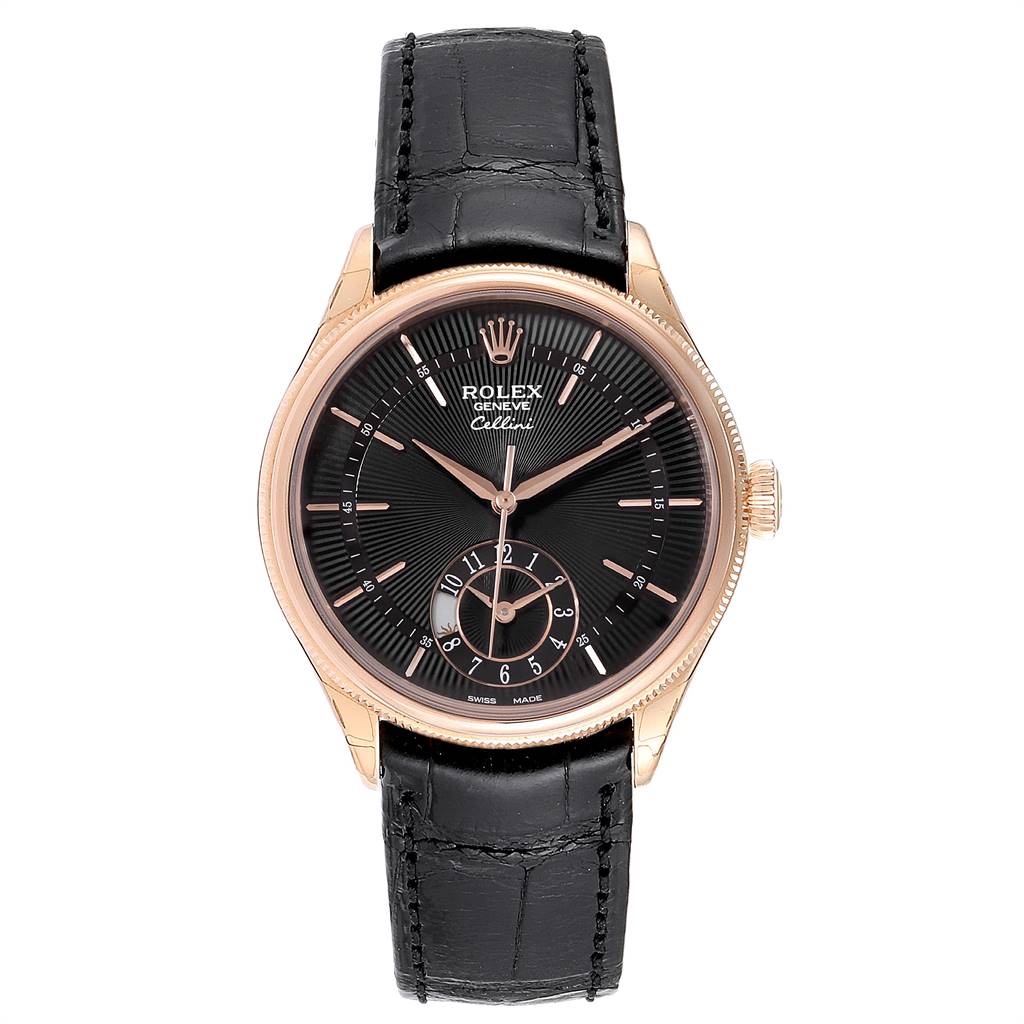 The image shows a Rolex Cellini 50525 Men's Rose Gold Black Dial 50525 Men's Rose Gold Black Dial watch from a front-facing angle, highlighting its dial, bezel, crown, and strap.