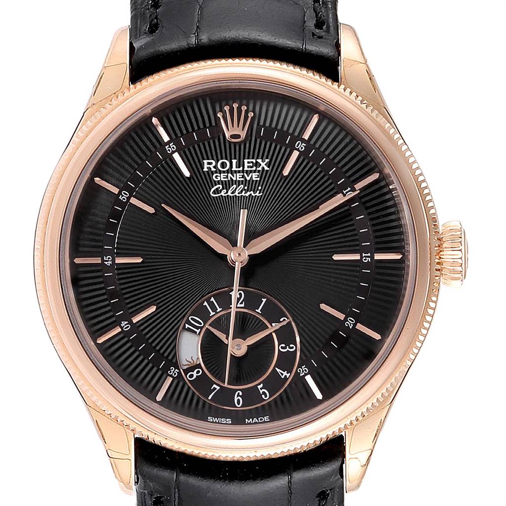 The Rolex Cellini 50525 Men's Rose Gold Black Dial 50525 Men's Rose Gold Black Dial watch is shown from a front angle, displaying the face, crown, and part of the black leather strap.