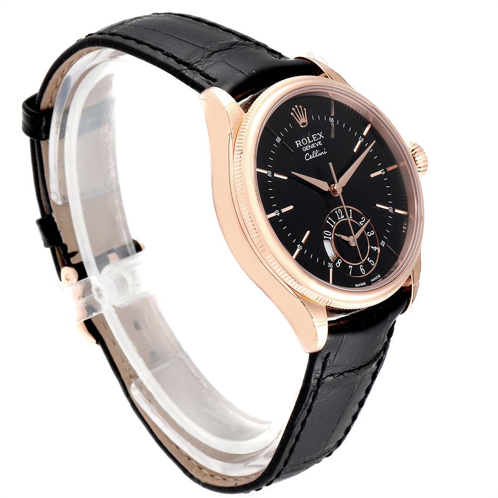 This image shows a Rolex Cellini 50525 Men's Rose Gold Black Dial 50525 Men's Rose Gold Black Dial watch at a three-quarter angle, highlighting the face, case, crown, and leather strap.