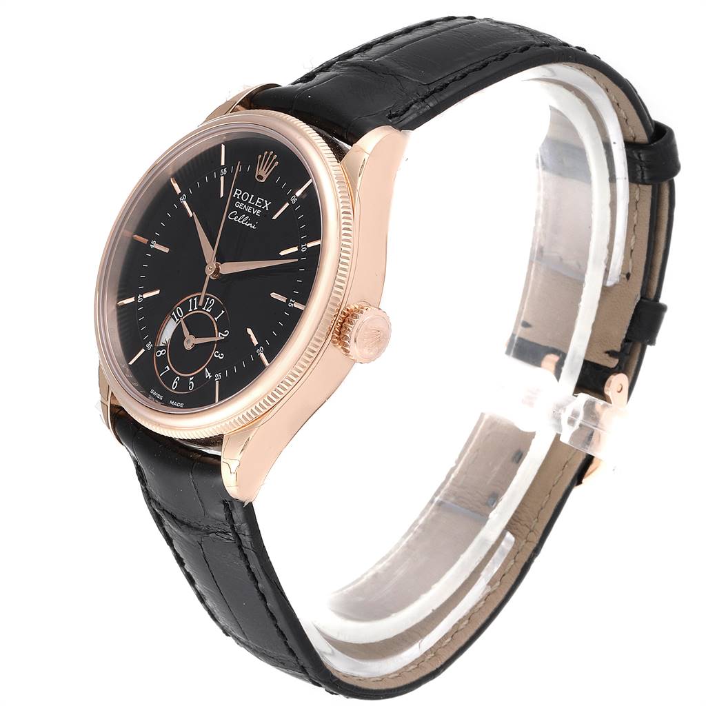 The Rolex Cellini 50525 Men's Rose Gold Black Dial 50525 Men's Rose Gold Black Dial watch is shown at an angle highlighting its black dial, leather strap, and rose gold case.