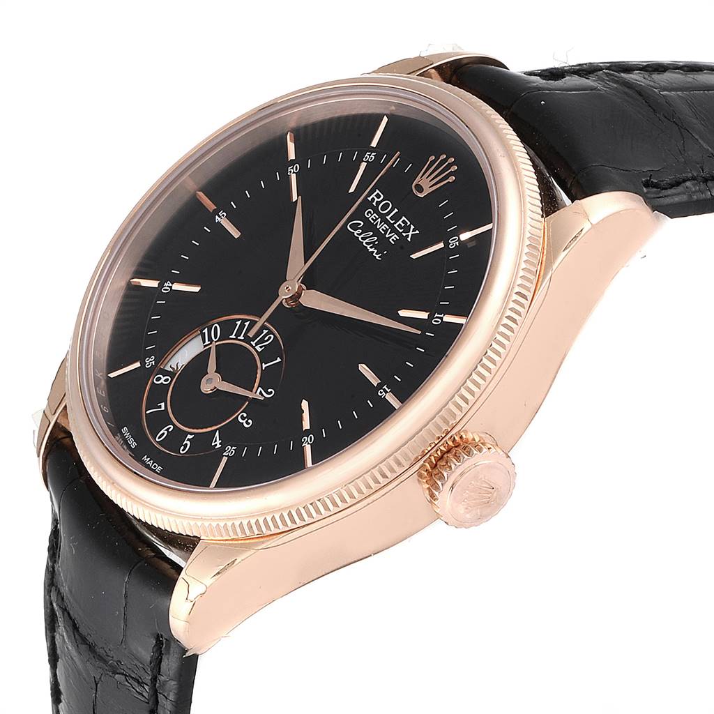This image shows a side and partial front view of a Rolex Cellini 50525 Men's Rose Gold Black Dial 50525 Men's Rose Gold Black Dial watch, highlighting its black dial, gold case, and leather strap.