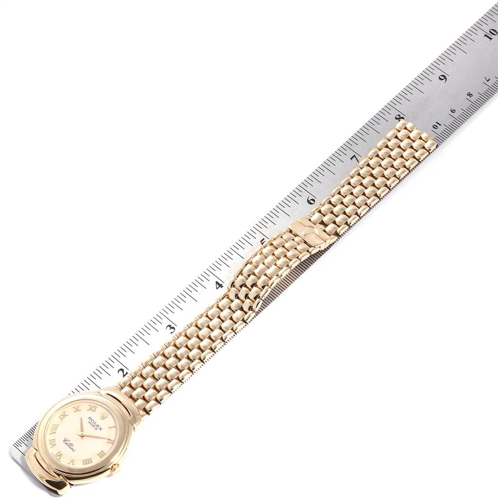 The image shows a Rolex Cellini 6623 Men's Yellow Gold Beige Dial 6623 Men's Yellow Gold Beige Dial watch with a gold bracelet, placed next to a ruler for size reference.
