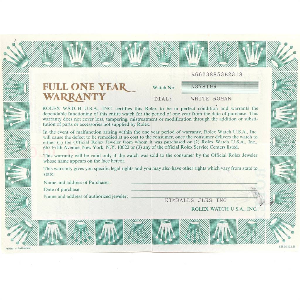 This is an image of a full one-year warranty certificate for a Rolex Cellini 6623 Men's Yellow Gold Beige Dial 6623 Men's Yellow Gold Beige Dial model watch.