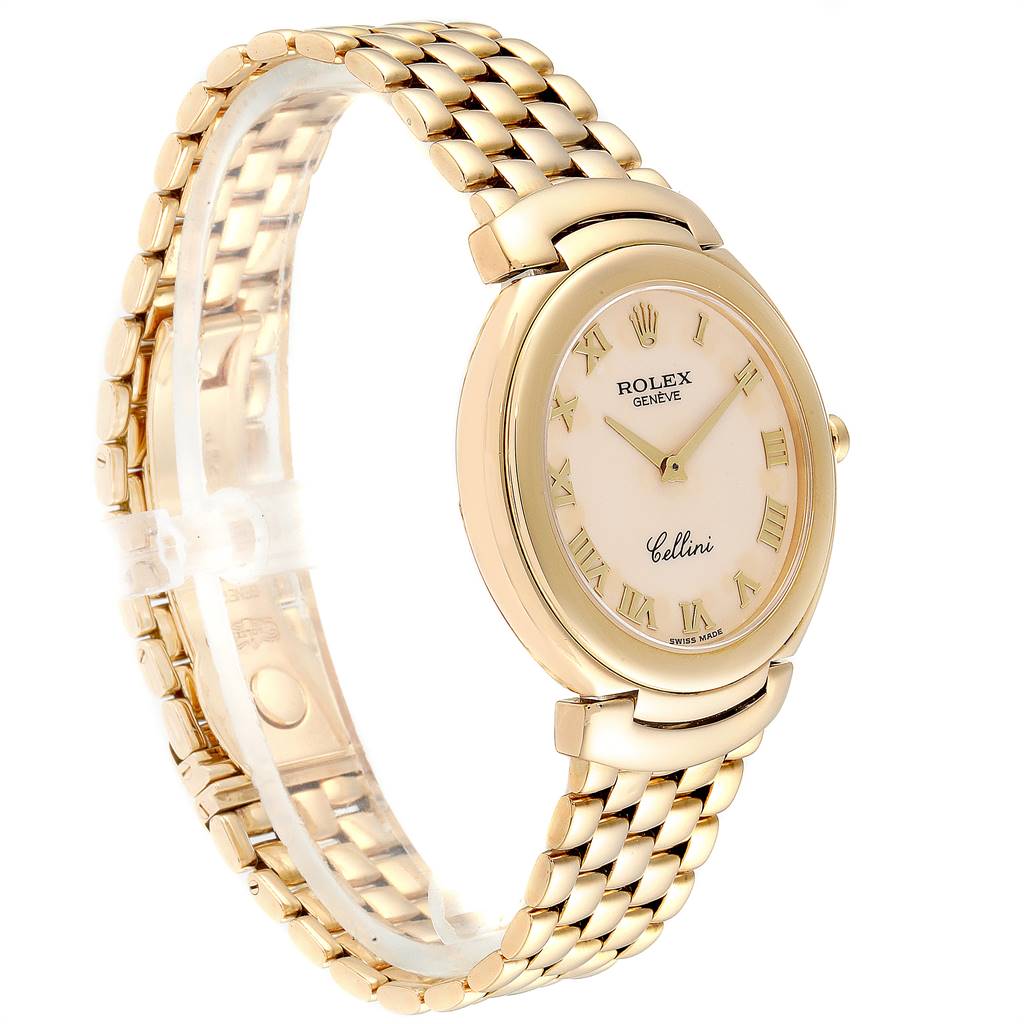 The image shows a side angle of a Rolex Cellini 6623 Men's Yellow Gold Beige Dial 6623 Men's Yellow Gold Beige Dial watch displaying its gold bracelet and oval face with Roman numerals.